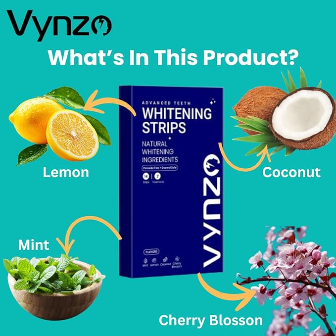 Natural Teeth Whitening Strips -7 Treatments, White Strips Peroxide-Free, Enamel Safe & Gentle for Sensitive Teeth, Removes Deep Stains Mint, Lemon & Cherry Blossom Flavors - Fast Results