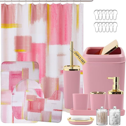 Bathroom Set - Pink and Gold Bathroom Accessories Set, Bathroom Sets with Shower Curtain and Rugs, Pink Shower Curtain Set with Bathroom Trash Can, Soap Dispenser, Soap Dish for Home Decor