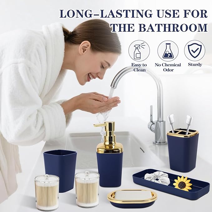 Navy Blue Bathroom Accessories Set, Blue and Gold Bathroom Accessories with Trash Can, Soap Dispenser, Soap Dish, Toothbrush Holder and Q-tip Holders