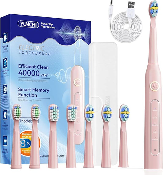YUNCHI Electric Toothbrush Pink, Battery Toothbrush for Adults, Rechargeable Toothbrushs-8 Brush Heads, 5 Modes & 2 Min Smart Timer, IPX7 Waterproof,30 Days Battery Long,Travel Case
