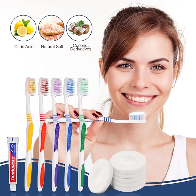 10 Set Disposable Toothbrushes with Toothpaste and Soap Individually Wrapped, 10 pcs Toothbrushes, 5 Colors with 10pcs Bar Soap(0.5 oz)