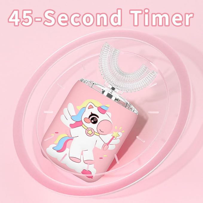 Kids Electric U Shaped Toothbrush Unicorn Rechargeable Sonic Toothbrush with 4 Soft Brush Heads with Kid Toothpaste IPX7 Waterproof - (Age 2-15, Pink)