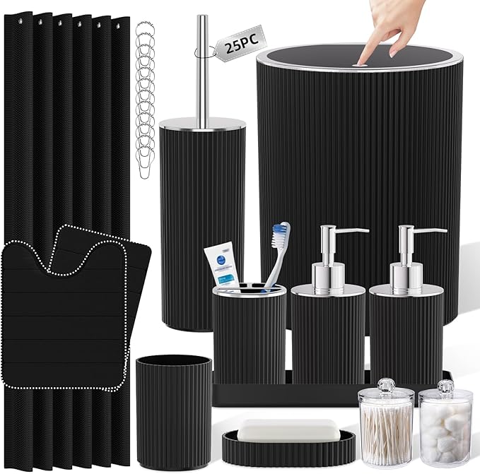 Black Bathroom Accessories Set - Bathroom Sets, 25PC Bath Accessory Set, Bathroom Sets with Push Top Trash Can, Shower Curtain and Rugs, Toilet Brush, Trash Can & Soap Dispenser