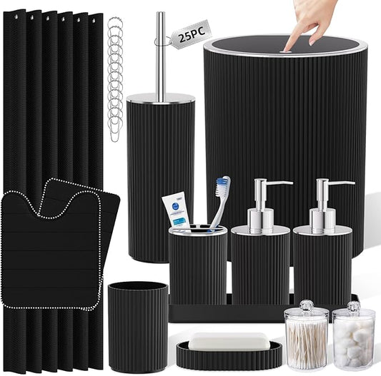Black Bathroom Accessories Set - Bathroom Sets, 25PC Bath Accessory Set, Bathroom Sets with Push Top Trash Can, Shower Curtain and Rugs, Toilet Brush, Trash Can & Soap Dispenser