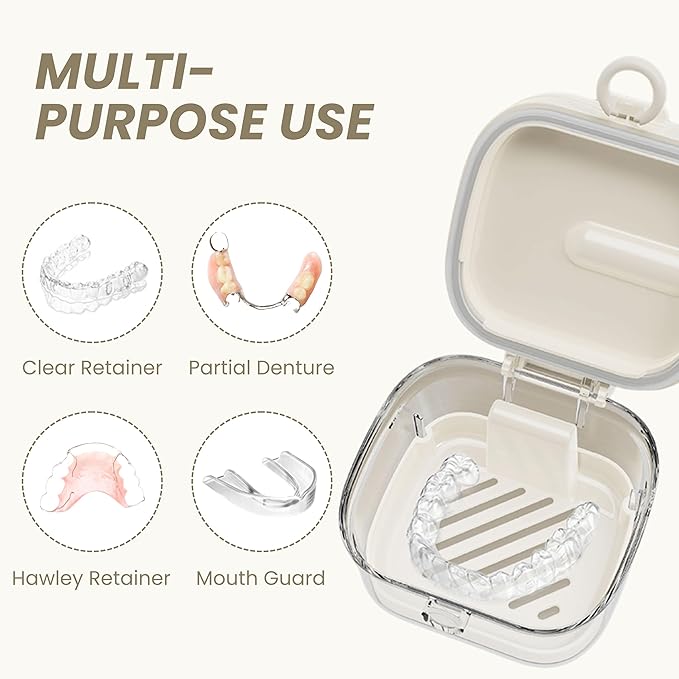 Denture Case Retainer Cleaning Case with Retainer Removal Tool and Brush, No-Leak Denture Bath Box Cup, Complete Clean Care for Clear Braces, Mouth Guard, Night Guard & Retainers (White)