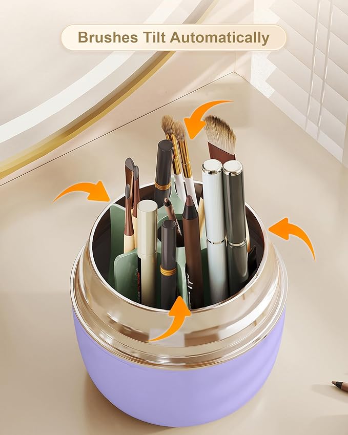 Makeup Brush Holder 360 Rotating, [Upgrade & with Cover] Makeup Brush Organizer for Vanity Countertop Bathroom (Purple)