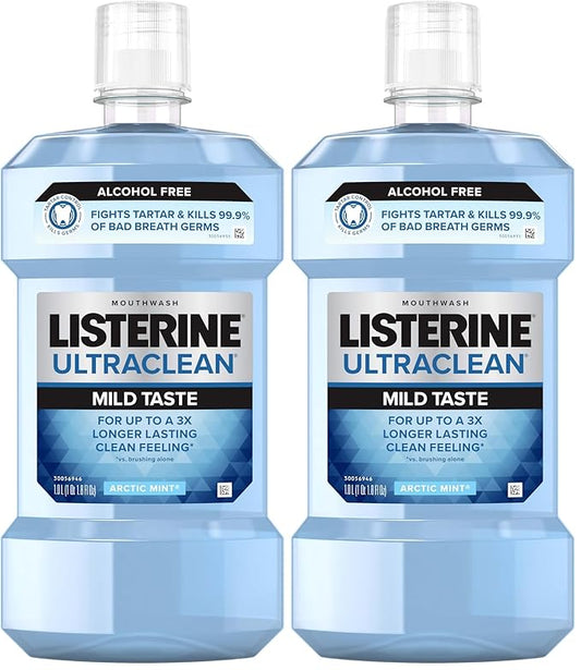 Listerine Ultraclean Alcohol Free Tartar Control Mouthwash, Oral Rinse to Help Fight Bad Breath and Tartar, for Cleaner, Naturally White Teeth, Less Intense Arctic Mint Taste, 1 L (Pack of 2)