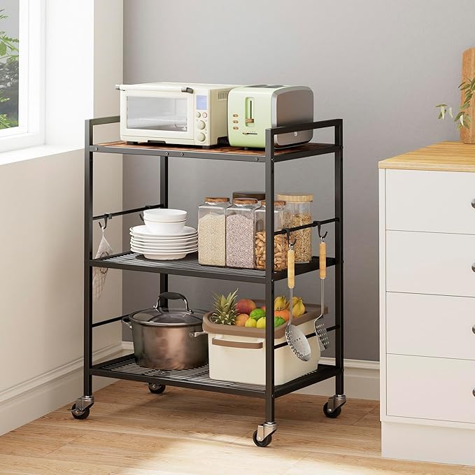 XIVIRACK 3-Tier Metal Storage Rack with Industrial Wheels,Mesh Shelving Unit with Wooden Table top,Adjustable Shelf,23.6-Inch Width,15.8-Inch Depth, for Kitchen, Laundry,Pantry,Plant,Black