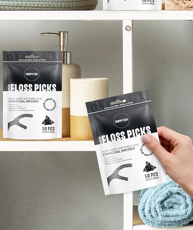 Floss Picks Biodegradable (200pcs) - Plant Based Dental Floss Picks, Natural Flossers for Adults & Kids, Nontoxic Vegan Tooth Pick Flossers & Floss Sticks - Double Thread Charcoal