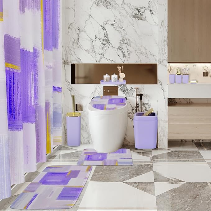 Bathroom Set - Purple and Gold Bathroom Accessories Set, Bathroom Sets with Shower Curtain and Rugs, Purple Shower Curtain Set with Bathroom Trash Can, Soap Dispenser, Soap Dish for Home Decor