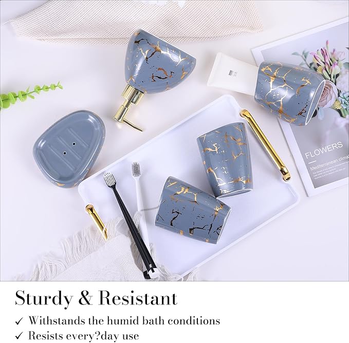 Gray Bathroom Accessories Set,Gold Marble Look Bathroom Decor,Modern 6 Piece Bathroom Accessory Set,Complete with Soap Dispenser,Toothbrush Holder,Tumbler,Tray Countertop