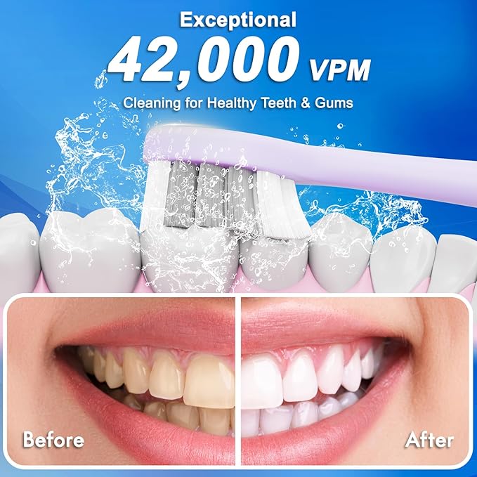 Sonic Electric Toothbrush for Adults & Kids, Rechargeable Electric Toothbrush with 10 Brush Heads & Travel Case, Teeth Whitening, Holder, Charge for 120 Days - Purple
