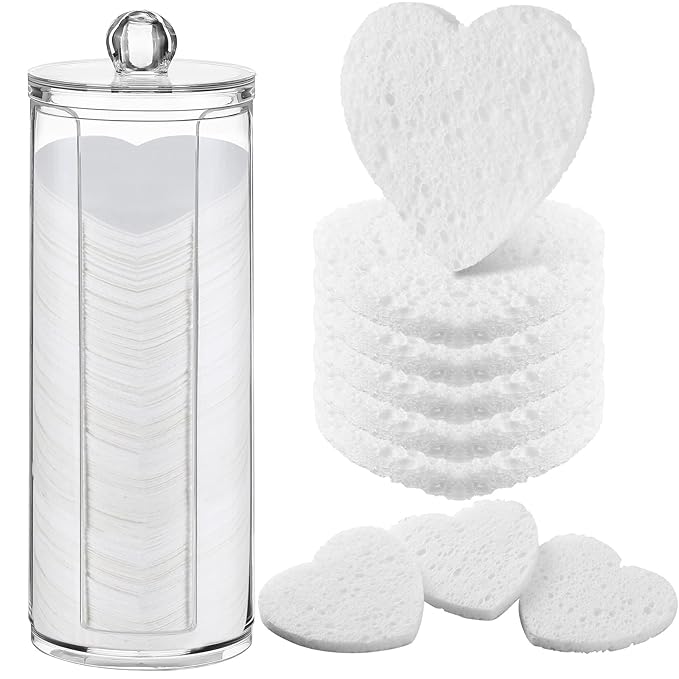 Sieral 120 Pcs Compressed Facial Sponges with Container Disposable Face Sponge Pads for Washing Face Cleansing Exfoliating Esthetician Makeup Removal(Heart,White)