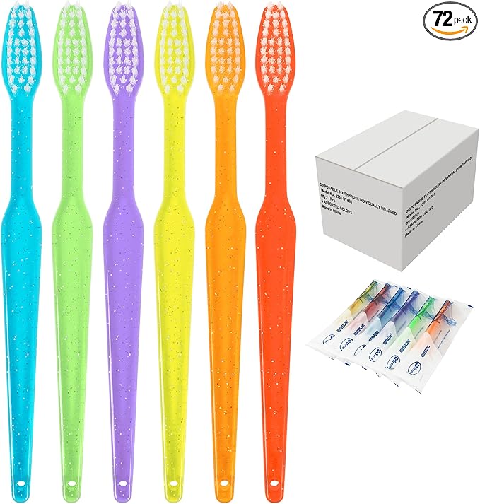 Disposable Toothbrush - Individually Wrapped Soft Nylon Bristles Manual Travel Toothbrushes for Adults Or Kids Bulk Multi Color (72 Pcs)