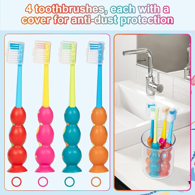 Toddler Toothbrush - Kids Toothbrush Soft Bristles with Suction Cup for Easy Storage, for Age 2-4 and Older, Pack of 4