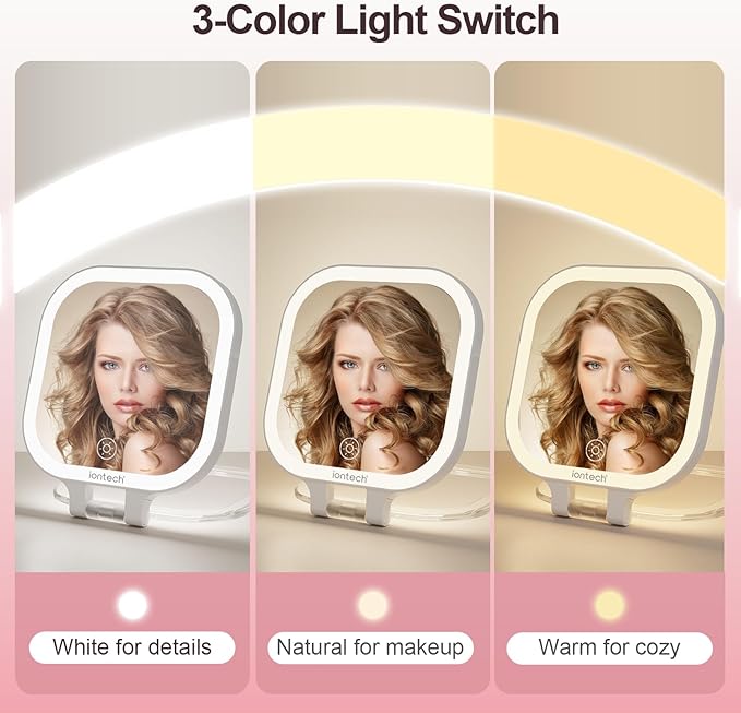 ION Vanity Mirror with Lights,1X/10X Magnifying Glass,2500mAh Battery Double Sided Vanity Mirror,7in Makeup Mirror with 3 Color Light,Brightness Adjustment Memory,Folding Stand (White)
