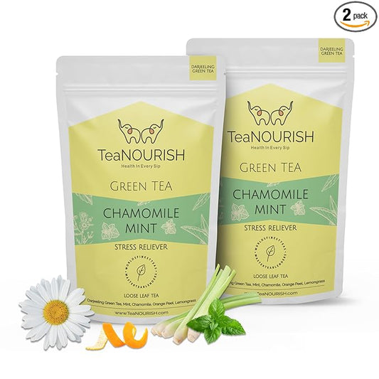 TeaNOURISH Chamomile Mint Green Tea | Darjeeling Loose Leaf Tea | 50 Cups Hot or Iced Tea - 3.53oz/100g (Pack of 2)