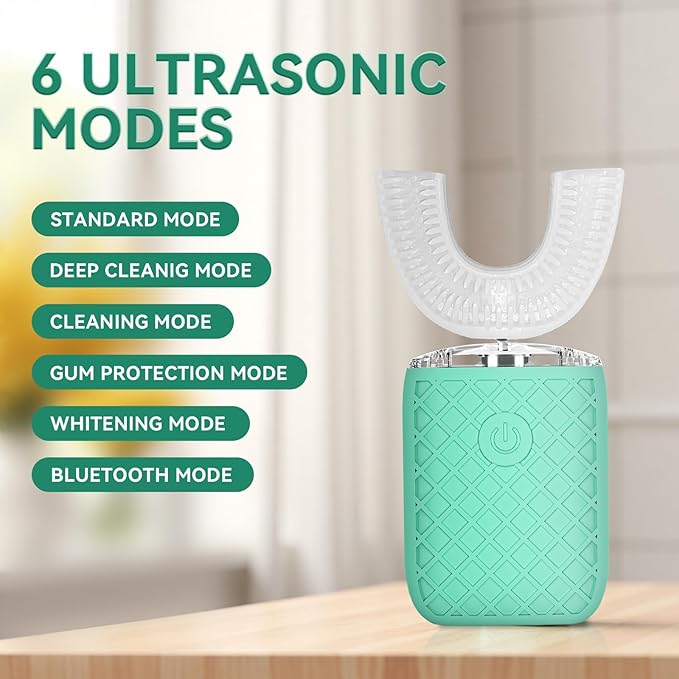 Adult Sonic Automatic Electric Toothbrush, 360° Oral Cleaning Stain Whitening, IPX7 Waterproof Rechargeable, u-Shape Brush Head*3+Straight Handle Brush Head*2 (Green)