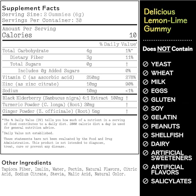 Barker Wellness Immunity Gummies with Vitamin C, Zinc, Elderberry, Turmeric & Ginger for Daily Immune Support | Vegan, Sugar-Free, Lemon-Lime Flavor | Seasonal Wellness Essentials, 60 Count