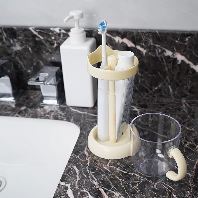 Adjustable Electric Toothbrush Holder with Cup - Height Adjustable Stand Organizer for Bathroom Vanity, Fits Manual & Electric Brushes, Toothpaste Storage (Cream)