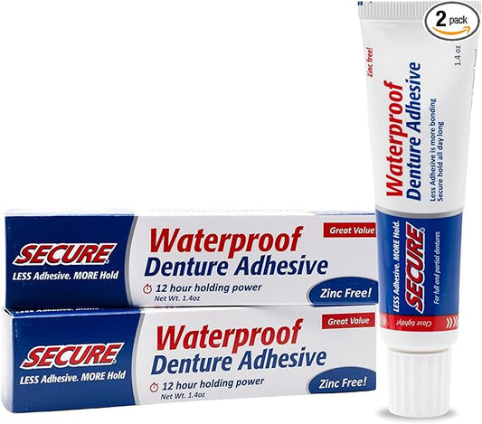 Secure Waterproof Denture Adhesive - Zinc Free - Extra Strong 12 Hour Hold - 1.4 oz (Pack of 2)