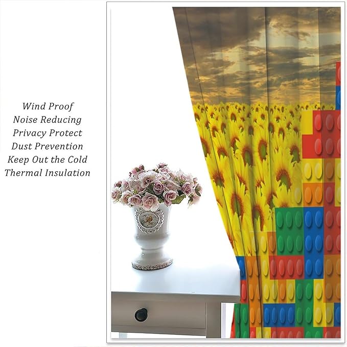 Colorful Building Blocks Sunflower Flower 3D Toy Printed Curtains, Building Blocks, Floral Sunflower Curtains, Interesting Brick 3D Design, Boys and Girls Room Curtain Panels, 2 Panels 63x72in