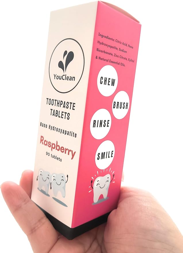 90 Toothpaste Tablets in Refill/Recycle Glass Tube - for Travel and Daily Home Office Use - Nano Hydroxyapatite, Fluoride-Free, Vegan (Raspberry90)