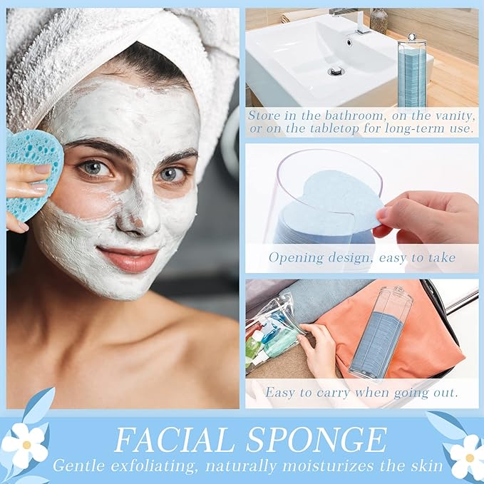 Sieral 120 Pcs Compressed Facial Sponges with Container Disposable Face Sponge Pads for Washing Face Cleansing Exfoliating Esthetician Makeup Removal(Heart,Light Blue)