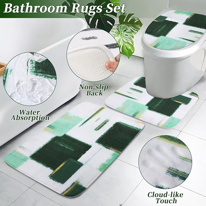 Bathroom Set - Dark Green Bathroom Accessories Set, Bathroom Sets with Shower Curtain and Rugs, Green Shower Curtain Set with Bathroom Trash Can, Soap Dispenser, Soap Dish for Home Decor