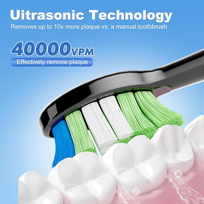 JTF Sonic Electric Toothbrush for Adults - Teeth Whitening Toothbrush with 6 Brush Heads and a Travel Case, Fast Charging for 60 Days Use Waterproof Toothbrushes, Black