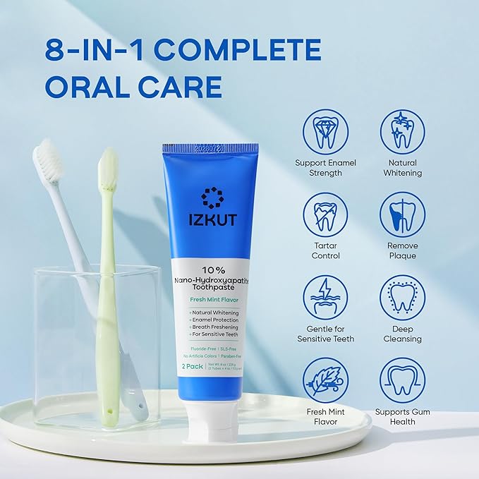 10% Nano Hydroxyapatite Toothpaste: Fluoride Free Natural Whitening Toothpaste for Sensitive Teeth, Enamel Support, Plaque Remover, SLS Free, Fresh Mint Flavor, Adults & Kids, 4 oz (Pack of 2)