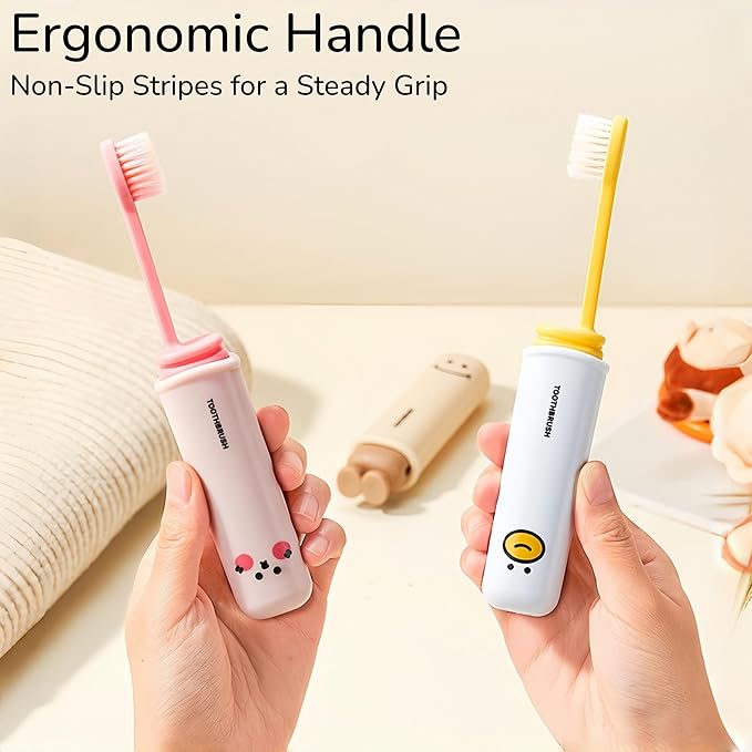 Folding Toothbrush with Built-in Cover, Perfect for Travel, Hiking & Camping, Compact & Portable, Toothbrush with Soft Bristles, for Adults & Kids (Pink)