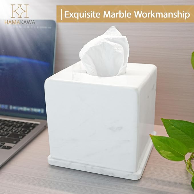 Natural Marble Tissue Box Cover, Volakas White Tissue Organizer 6 x 6 x 5.7 inch, Heavy Stone Decorative Box, Square Tissue Box Holder for Home Decor, Kitchen, Bathroom, Bedroom