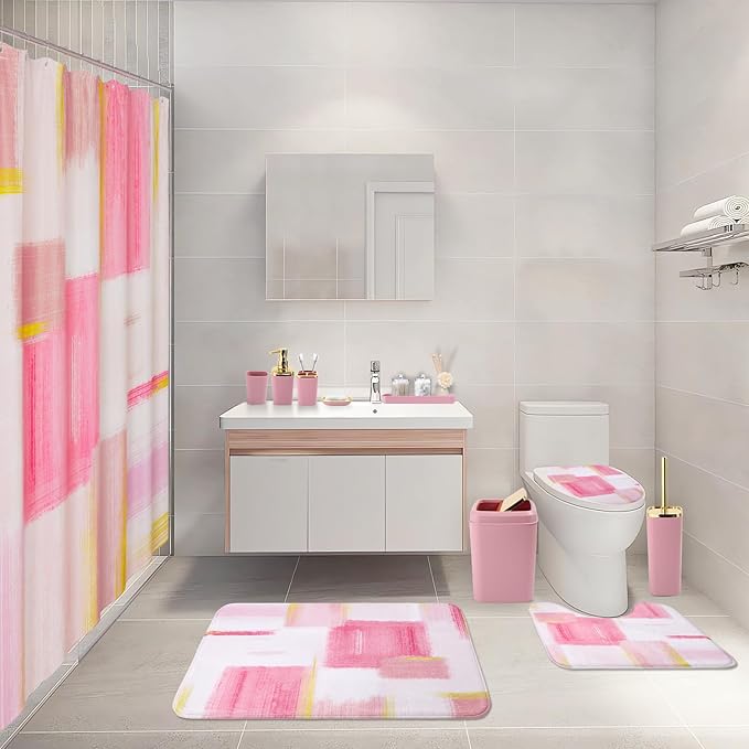 Bathroom Set - Pink and Gold Bathroom Accessories Set, Bathroom Sets with Shower Curtain and Rugs, Pink Shower Curtain Set with Bathroom Trash Can, Soap Dispenser, Soap Dish for Home Decor