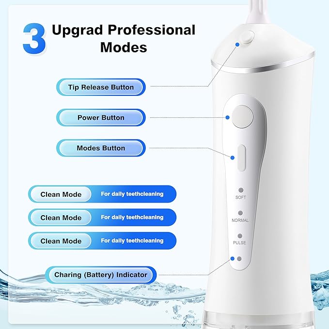 ZUAMEGURechargeable Water Flosser for Teeth Cleaning - Designed for Teeth, Portable Oral Irrigator, IPX7 Waterproof, Includes 5 Professional Tips - Ideal for Daily Oral Care and Family Travel Use