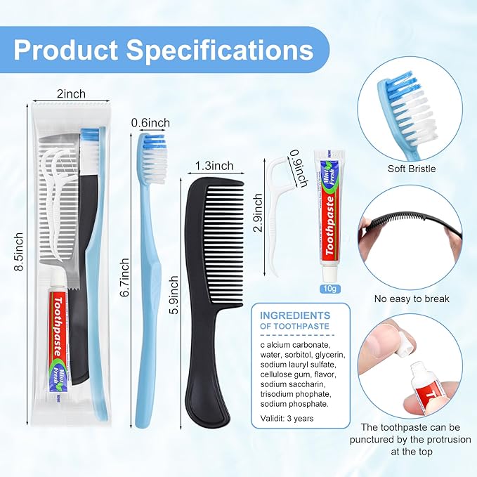 100 Sets Disposable Toothbrushes with Toothpaste Floss Comb Individually Wrapped, Disposable Toothbrush Bulk, 10g Toothpaste,Dental Floss,6in Comb Bulk Toothbrush Kit for Homeless,Airbnb,Hotel