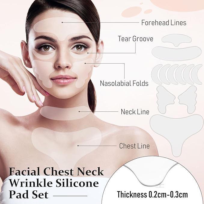 Maitys 32 Pcs Facial Chest Neck Silicone Pad Reusable Face Forehead Patches Facial Sleeping Mask Cover for Smoothing Chest Neck Forehead Eye Mouth (Gold,Clear)