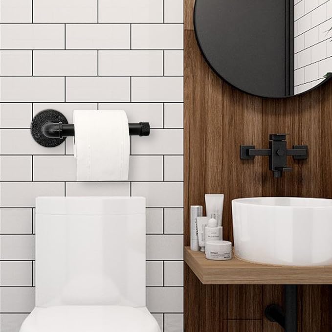 Industrial Pipe Toilet Paper Holder, Heavy Duty DIY Vintage Rustic Iron Farmhouse Style Roll Tissue Wall Mount Paper Holder Towel Racks with Hardware for Bathroom, Kitchen, Bedroom (1, Black)