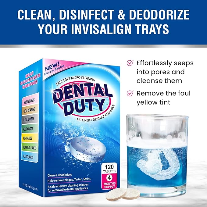 120 units Retainer Cleaner and Denture Cleaning Tablets - Mouthguard cleaner and Denture cleaner tablets Remove Plaque, Odors and Stains from Aligners, Night guard and Removable Dental Appliances