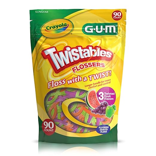 GUM Crayola Twistables Kids Flossers with Fluoride - Designed for Little Hands - Three Fun Fruit Flavors - Easy to Use Kids Floss Picks for Children Ages 3+, 90 Count