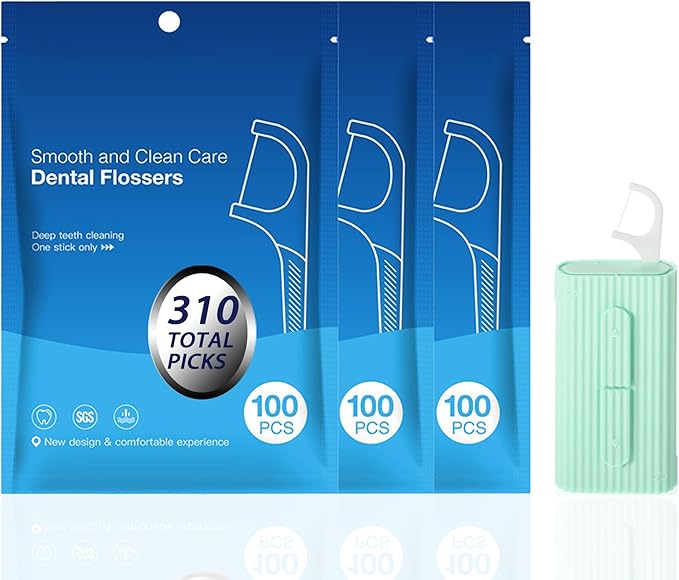 3 Bags of Dental Floss Picks & Dental Floss Case: Pop-Up Floss Pick Dispenser and Refill Bags, Portable Travel Organizer Case & Bulk Dental Floss Picks for Home and Travel Teeth Cleaning, Green