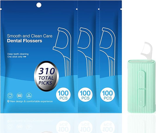 3 Bags of Dental Floss Picks & Dental Floss Case: Pop-Up Floss Pick Dispenser and Refill Bags, Portable Travel Organizer Case & Bulk Dental Floss Picks for Home and Travel Teeth Cleaning, Green