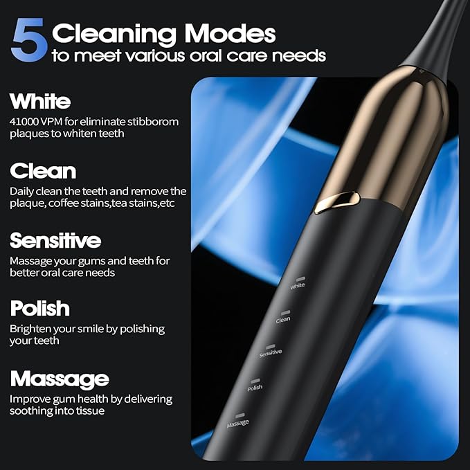 Sonic Electric Toothbrush for Adults - 41,000 VPM Deep Clean with 4 Brush Heads, 5 Modes, 100-Day Battery Life, IPX7 Waterproof Rechargeable Toothbrushes Built-in Smart Timer | Perfect for Home/Travel
