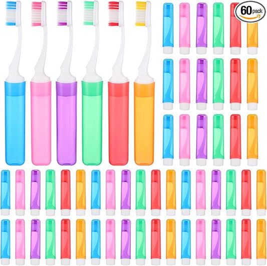 60 Pcs Folding Mini Toothbrush Travel Toothbrush, Portable Travels Size Toothbrushes Tooth Brush with Case, Bulk Toothbrushes Small Tooth Brush for Camping, Hiking, School, Home, Traveling