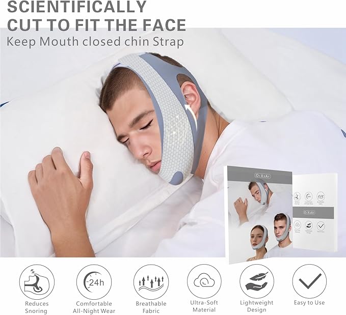 Chin Strap for CPAP Users, Chin Strap for Snoring, Chin Srap for Sleeping, Anti Snoring Devices Adjustable, Breathable and Reusable, Chin Strap for Men and Women to Graphene Stop Snoring (grey）