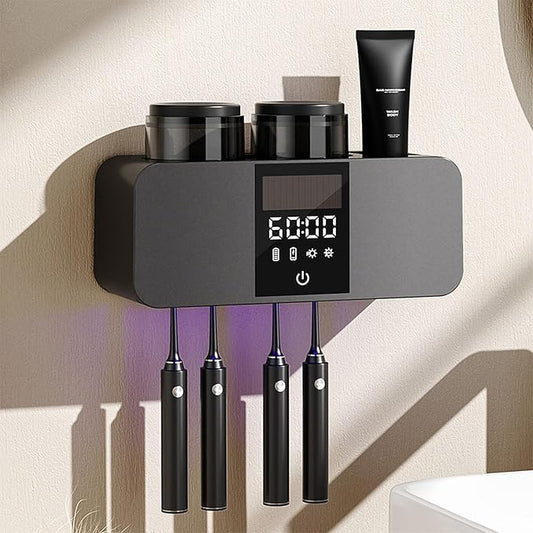 Toothbrush Holder Wall Mounted, 2 Cups Solar Powered Toothbrush Stand, Smart Toothbrush Holder with Cleaning and Drying, Cleaning Box with 4 Toothbrush Slot for Bathroom (Black - 2 Cup)