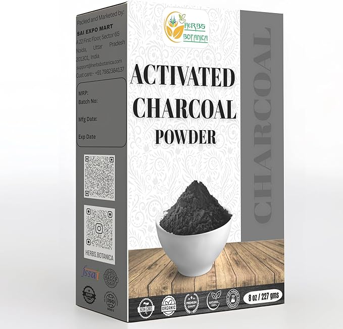 Herbs Botanica Activated Charcoal Powder, Food Grade Natural Detoxifier for Digestive Health, Teeth Whitening, Detoxification & Bug Bite Relief, 8 oz / 227 gm
