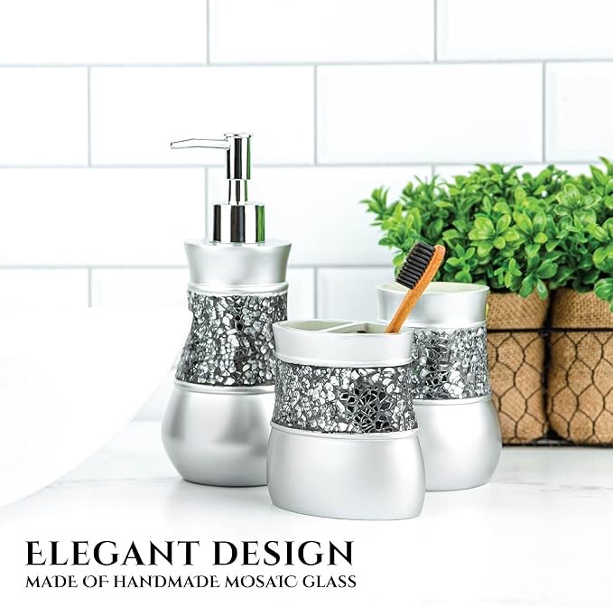 Crackled Glass Silver Hand Soap Dispenser for Bathroom, Decorative Countertop Lotion Dispenser, Elegant Liquid Soap Dispenser with Sturdy Pump for Classic Bathroom Décor