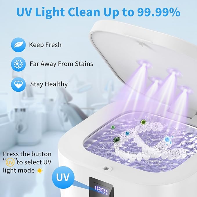 Ultrasonic Retainer Cleaner Machine, 48KHz Dental Cleaning Pod for Denture, Mouth Guard, Aligner, Night Guard, Braces, Toothbrush Heads, Jewelry with Digital Timer & 6 Modes, 13oz Capacity, White
