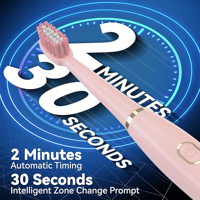 7AM2M Sonic Electric Toothbrush for Adults and Kids- High Power Rechargeable Toothbrushes with 8 Brush Heads,5 Adjustable Modes, Built-in 2-Minute Smart Timer,4 Hours Fast Charge for 30 Days(Pink)